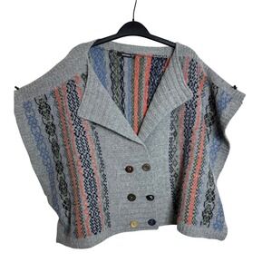 KERISMA Women Fair Isle Knit Poncho Sweater Shawl Collar Button‎ Front M/L